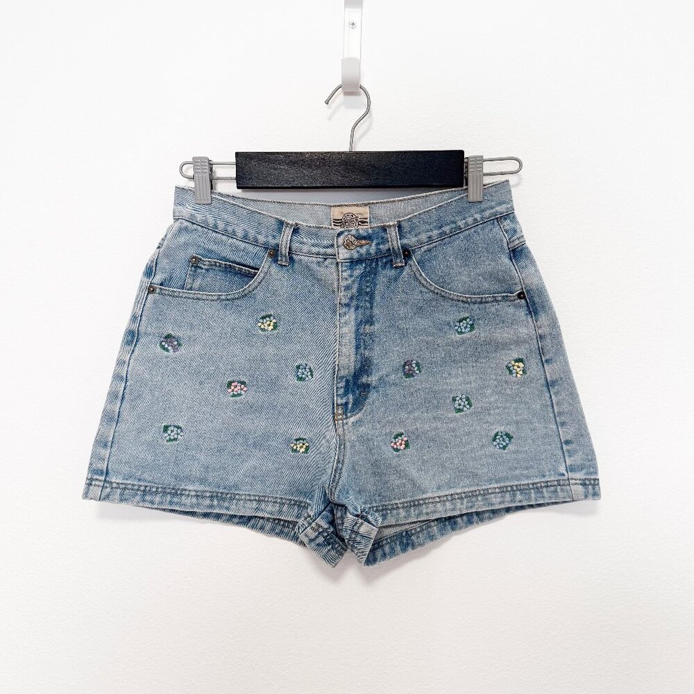 Vintage 90s Denim Republic Jean Shorts Size 13/14 Floral Embroidery Cottagecore